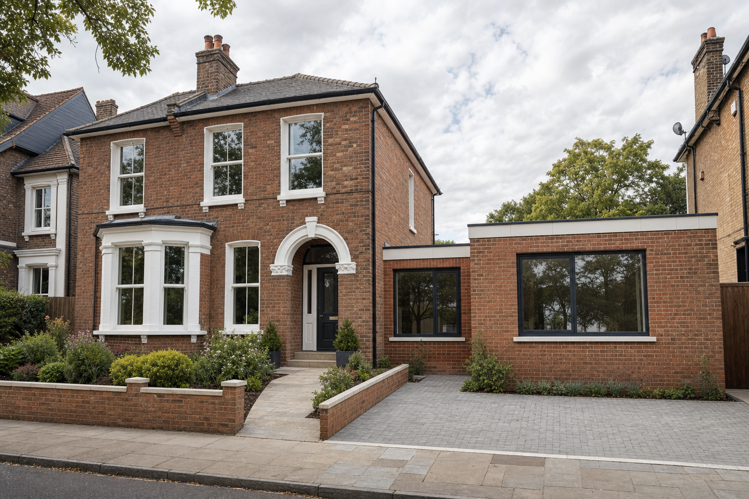 Victorian-style brick house with a modern extension and neatly landscaped front garden.