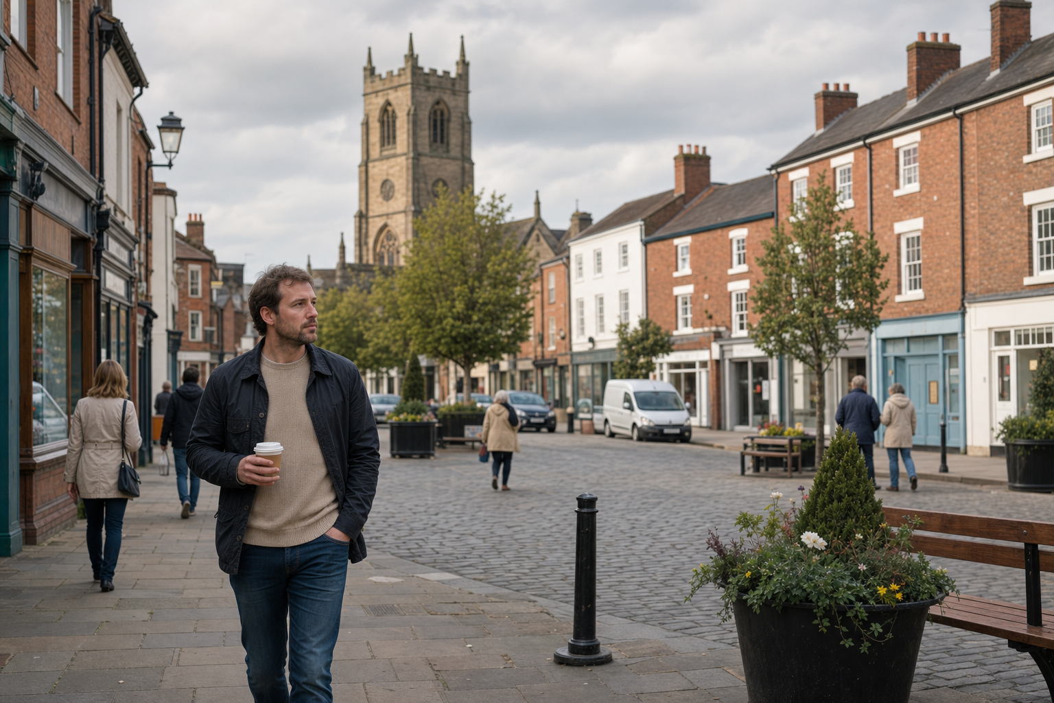 A man holding a coffee walks down a cobbled street lined with shops, with a church tower in the background.