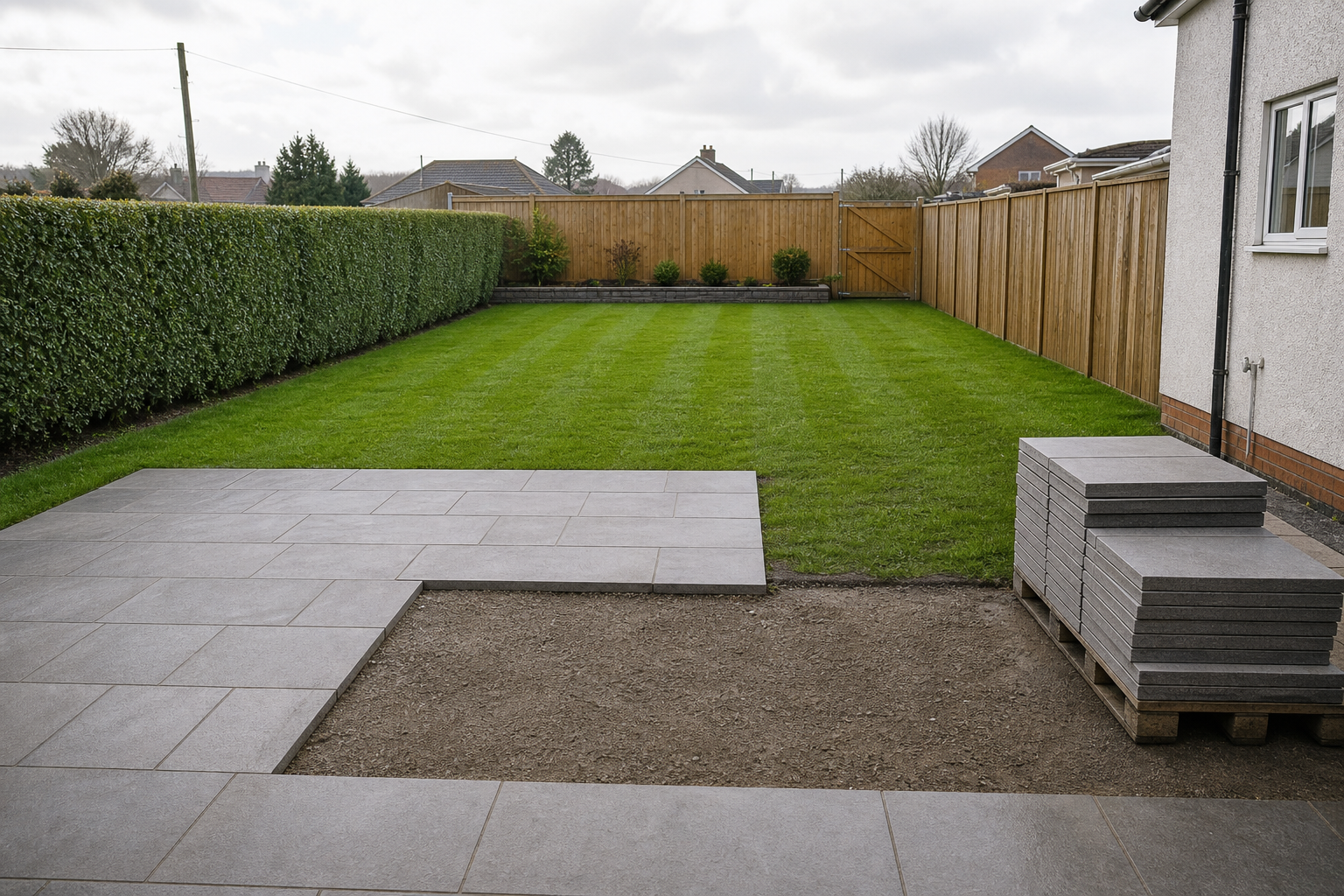 Neatly mowed garden with a partially paved patio and stacked tiles next to a house on a cloudy day.