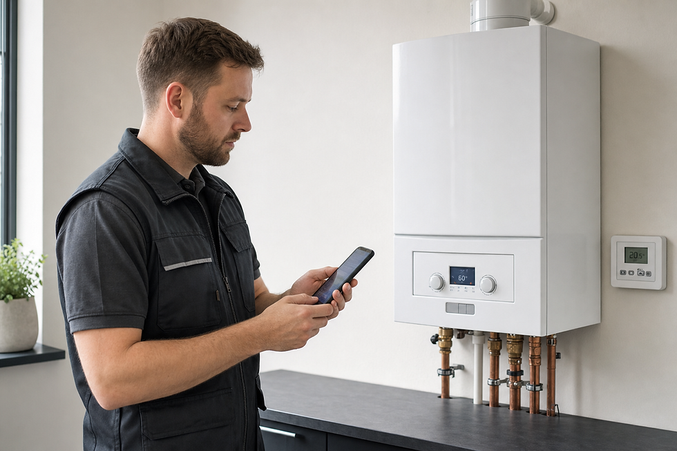 A man using a smartphone to control a modern boiler system in a home setting.