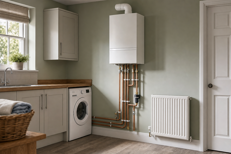 Laundry room with a washing machine, a mounted boiler, and exposed copper pipes leading to a radiator.