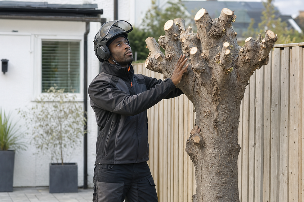 A man in protective gear examines a freshly pruned tree in a garden.