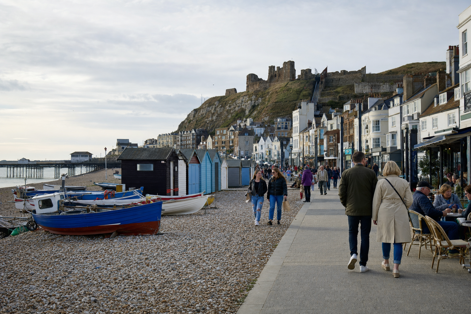 Pebble beach with colourful boats and beach huts, bustling promenade, and hillside ruins in the distance under a cloudy sky.