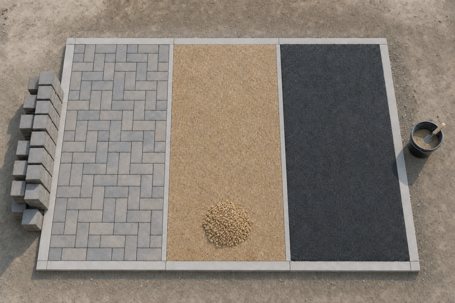 Three different surface materials are displayed side by side with a bucket and trowel nearby.