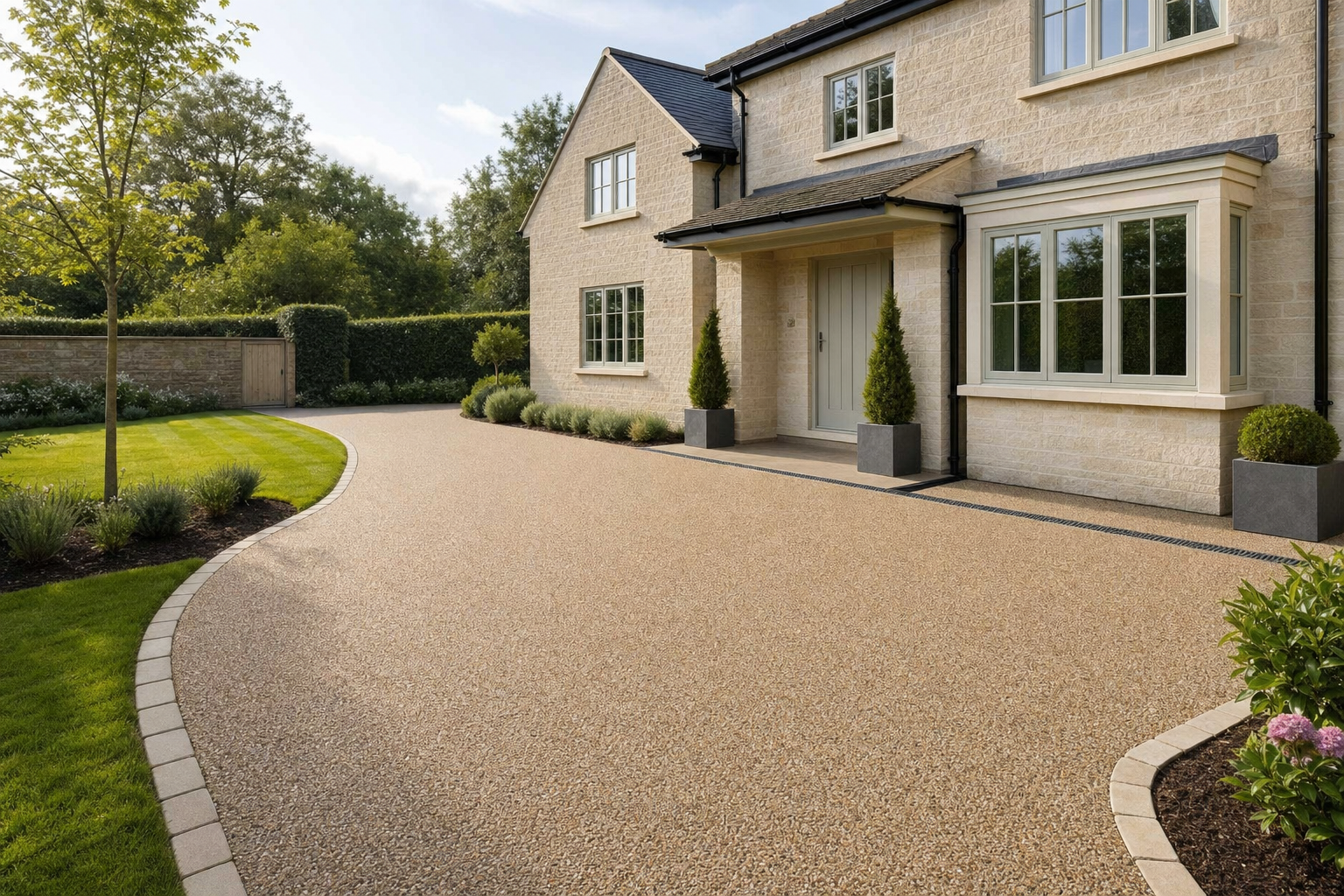 A modern stone house with a spacious gravel driveway curves through a well-maintained garden.