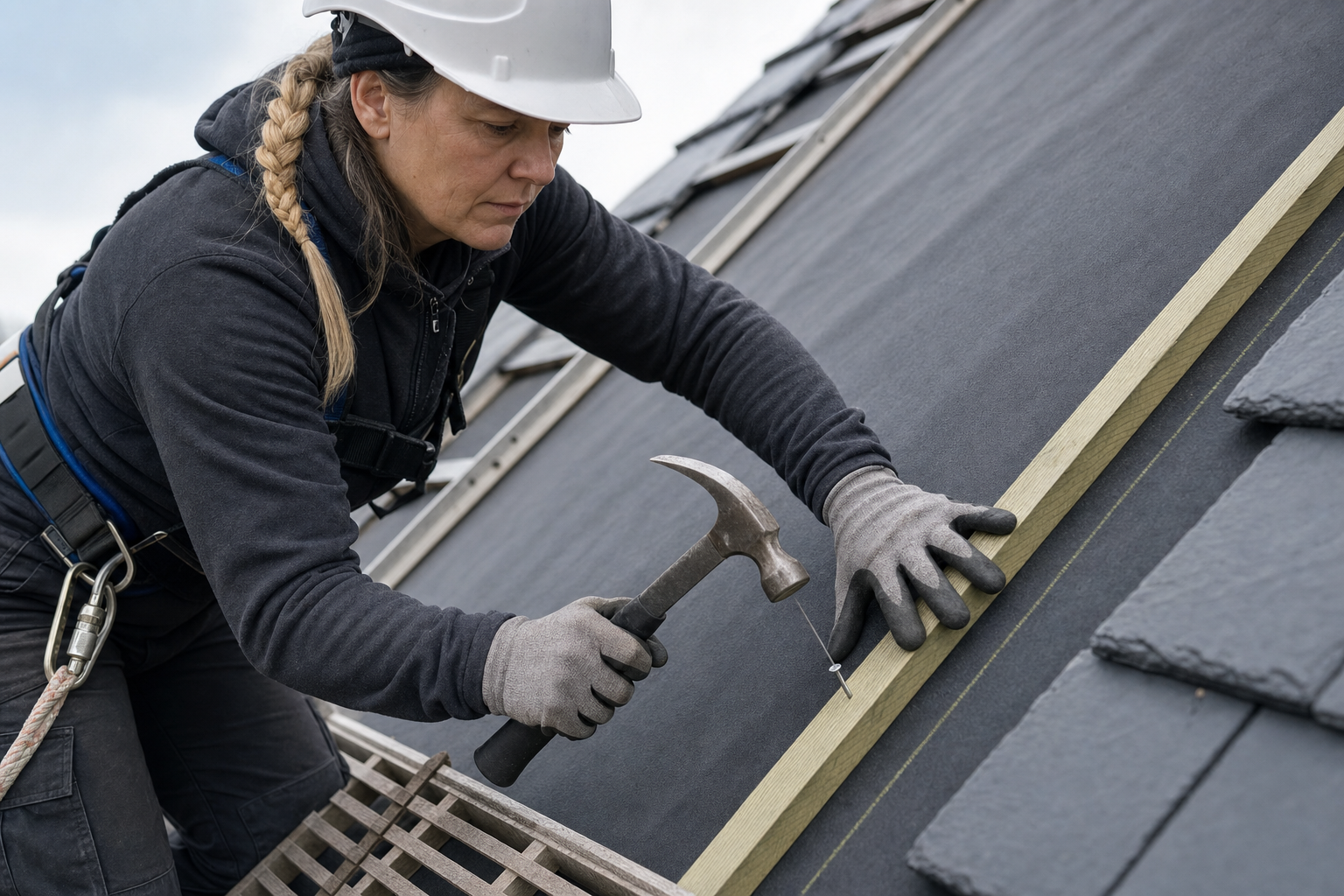 A female construction worker in a hard hat and harness nails tiles on a rooftop.