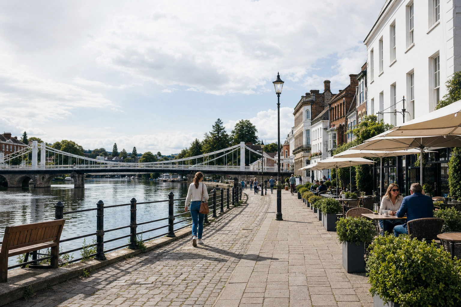 People enjoying a riverside café with a historic bridge in the background on a sunny day.
