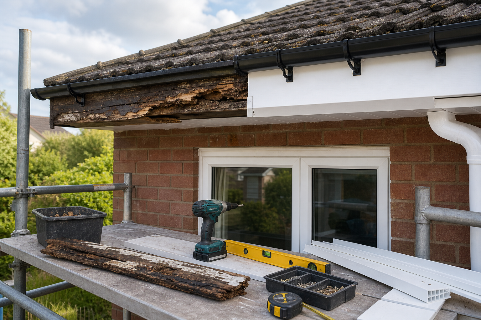 Roof repair in progress with rotting wood and tools on a scaffold.