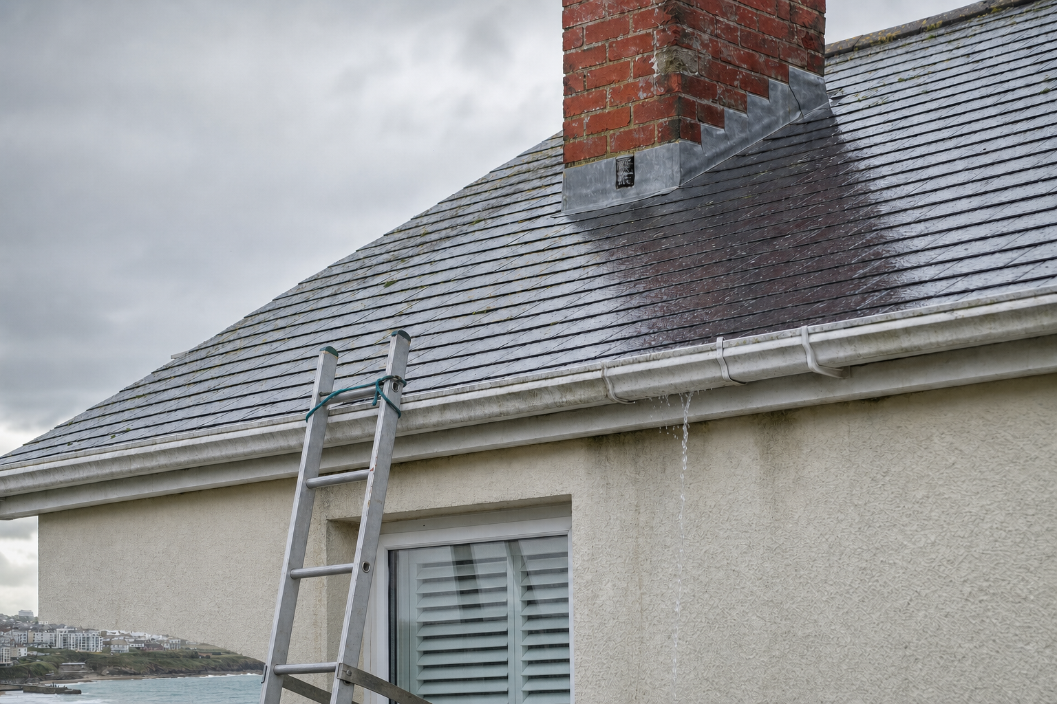 A ladder is leaning against a house with a leaking gutter and chimney visible on the slate roof.