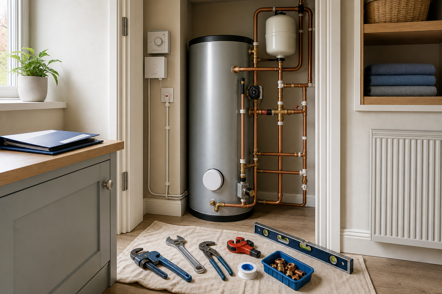 Tools on a mat near a water cylinder installation in a utility room.
