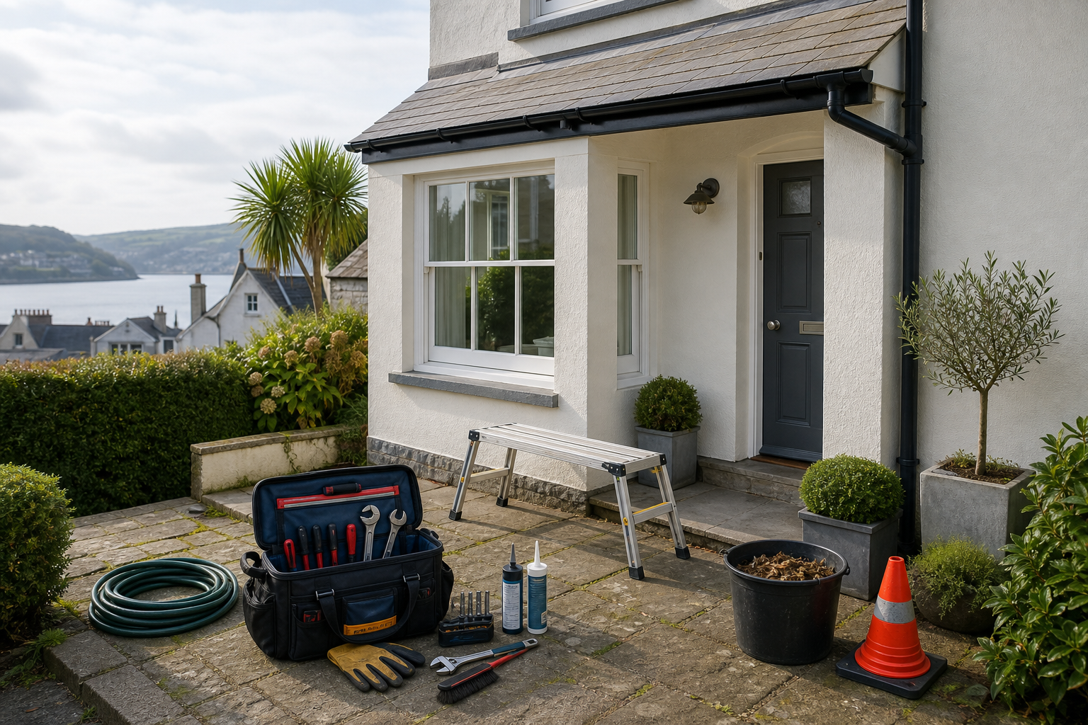 Front porch with maintenance tools and a view of houses by the water.