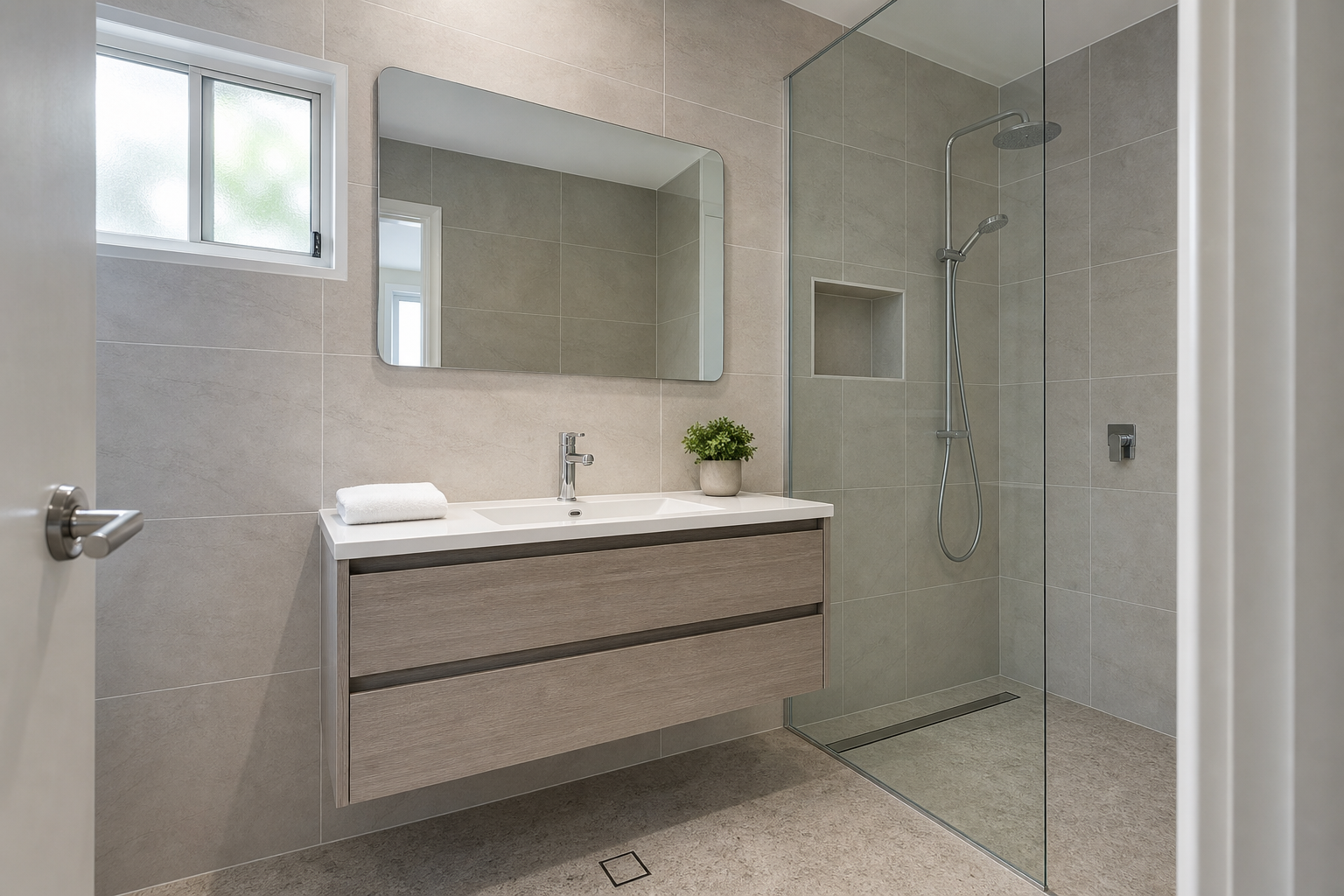 Modern bathroom with a walk-in shower, large mirror, and floating vanity with a potted plant and white towel.