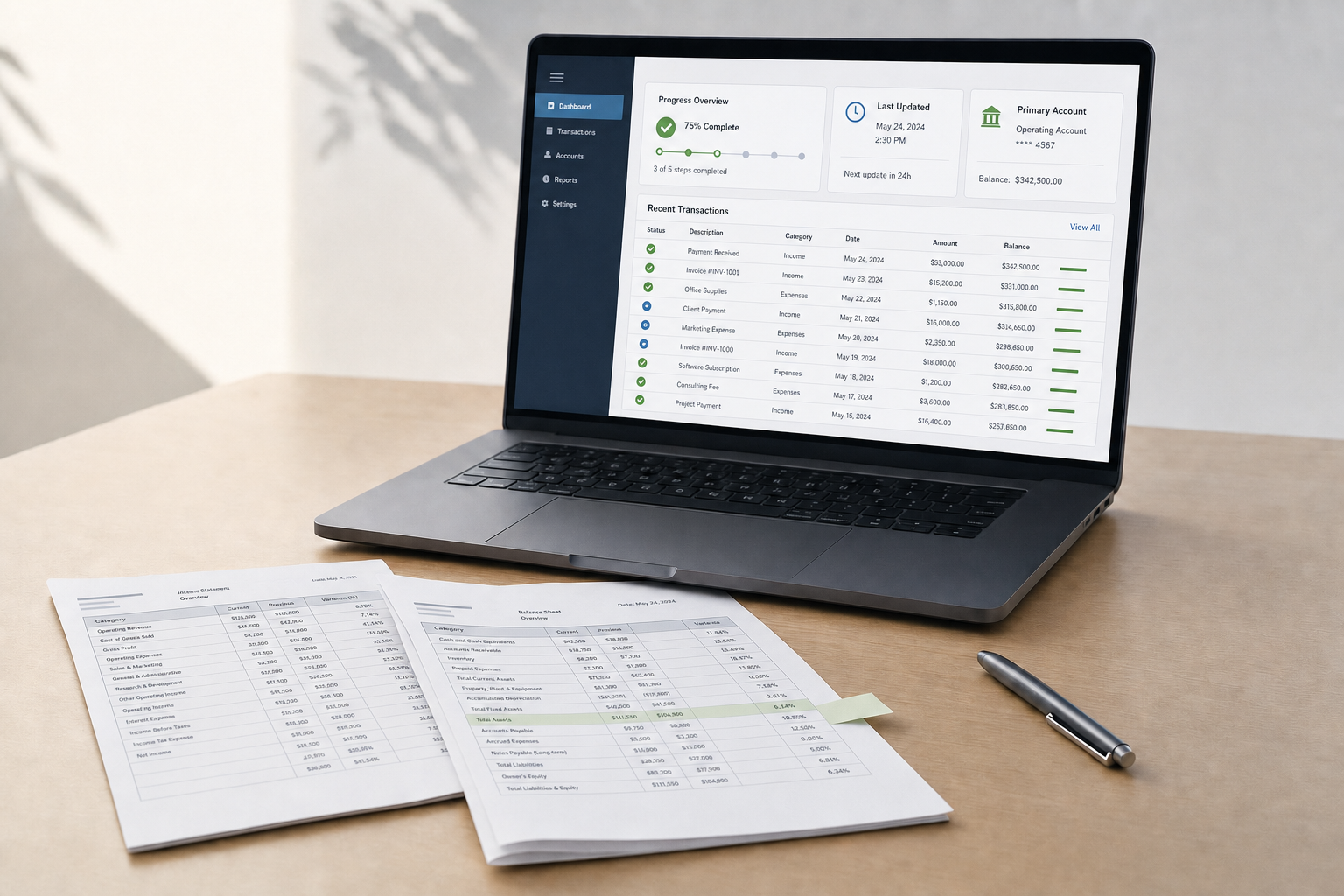 A laptop displaying a financial dashboard sits on a table alongside printed financial statements and a pen.