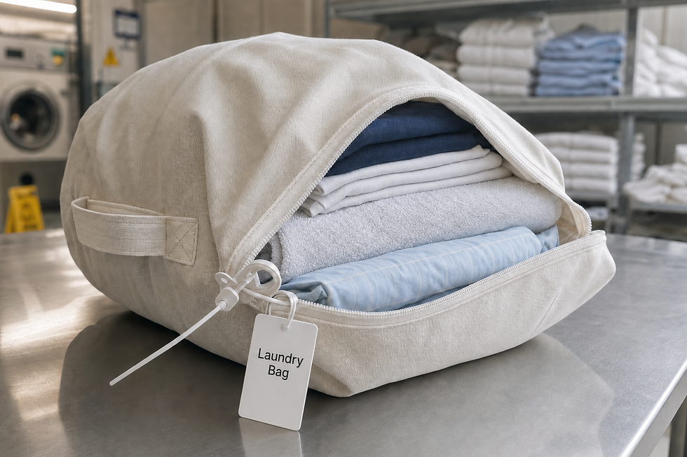 Open laundry bag with neatly folded clothes on a table in an industrial laundry setting.