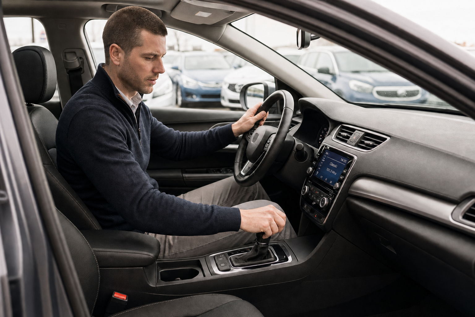 Man inside a car with his hand on the gear stick, surrounded by parked vehicles.