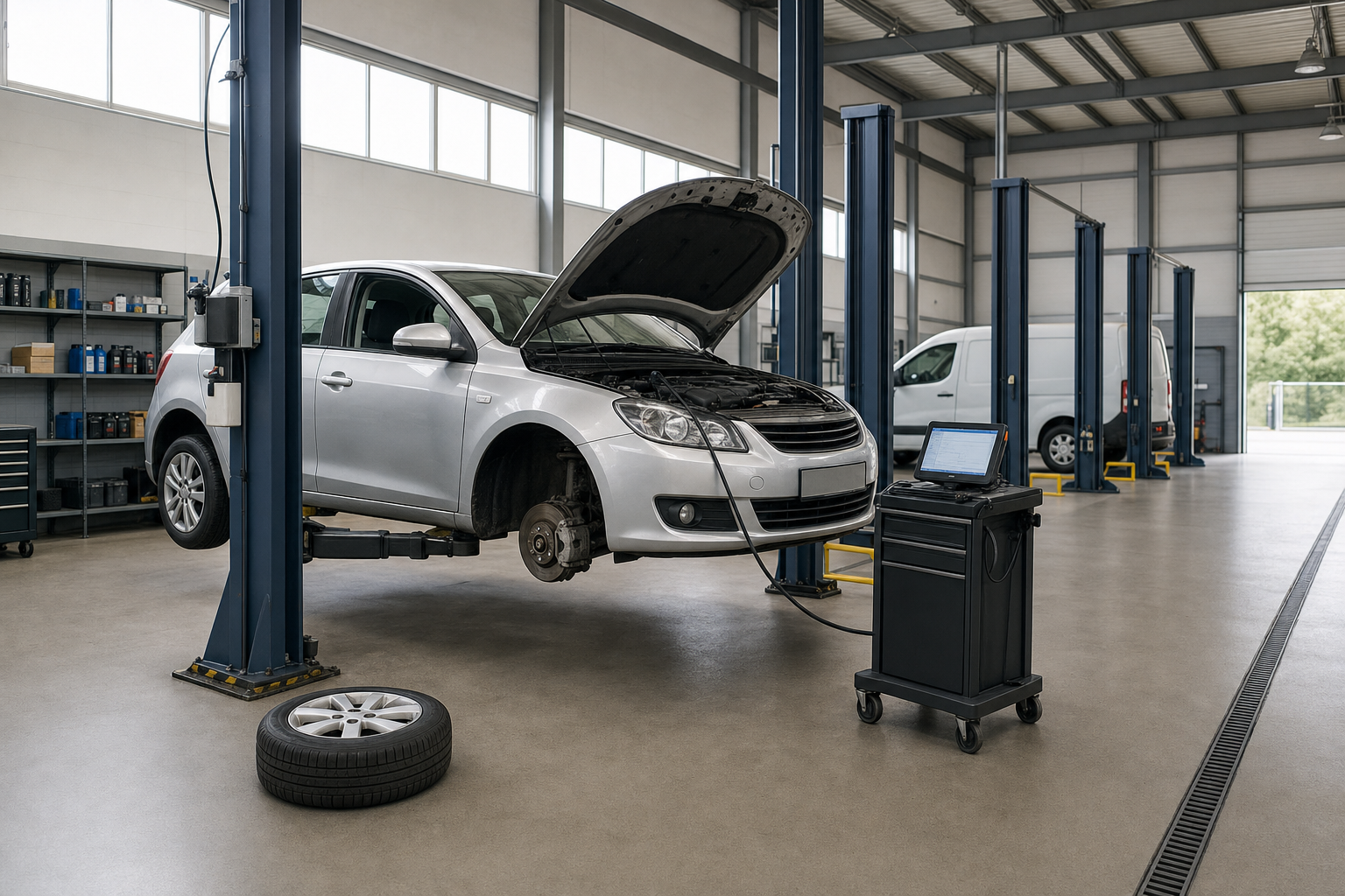 Silver car on a lift in a garage undergoing maintenance, with a laptop diagnostics tool in use.