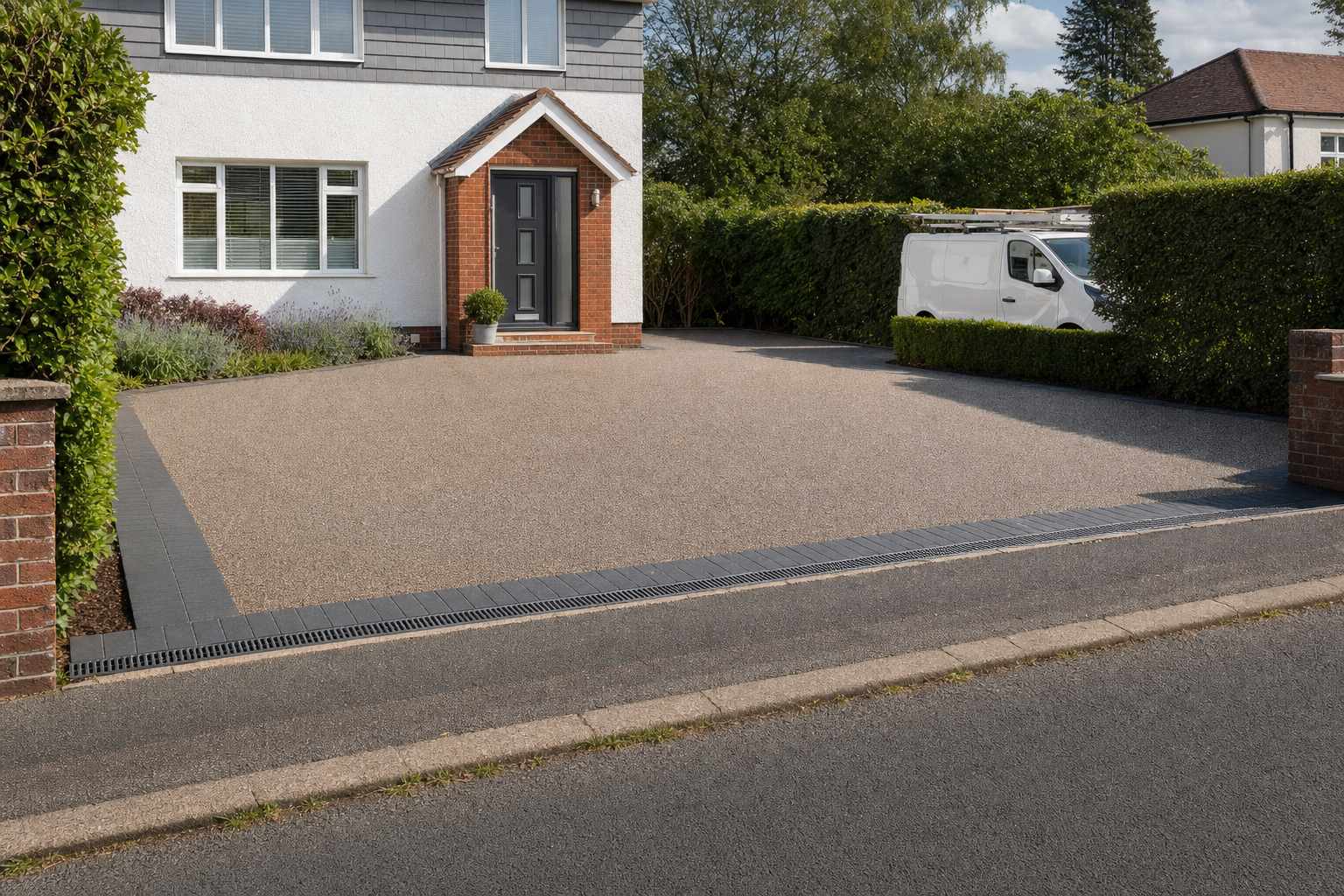 Modern house with a fresh cream-coloured resin driveway and a parked white van beside a neatly trimmed hedge.