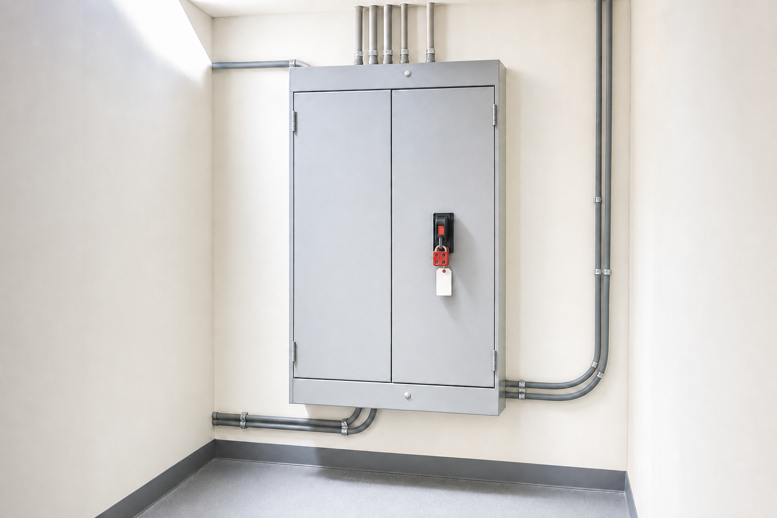 A secured grey metal electrical cabinet with pipes is mounted on a white wall in a corner.