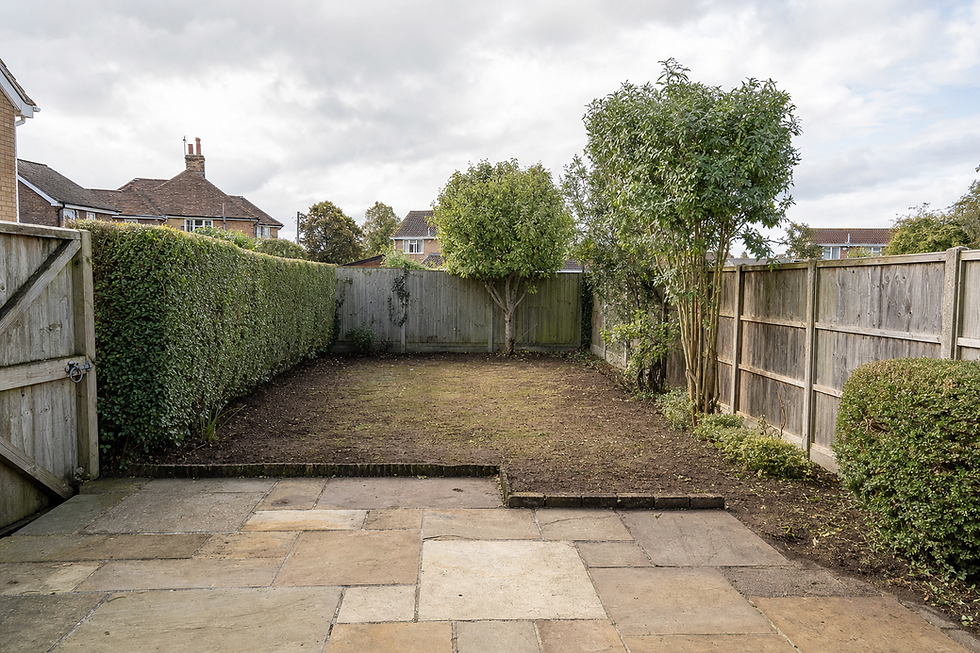 A small garden with a trimmed lawn, surrounded by a wooden fence and hedges, featuring a single central tree.