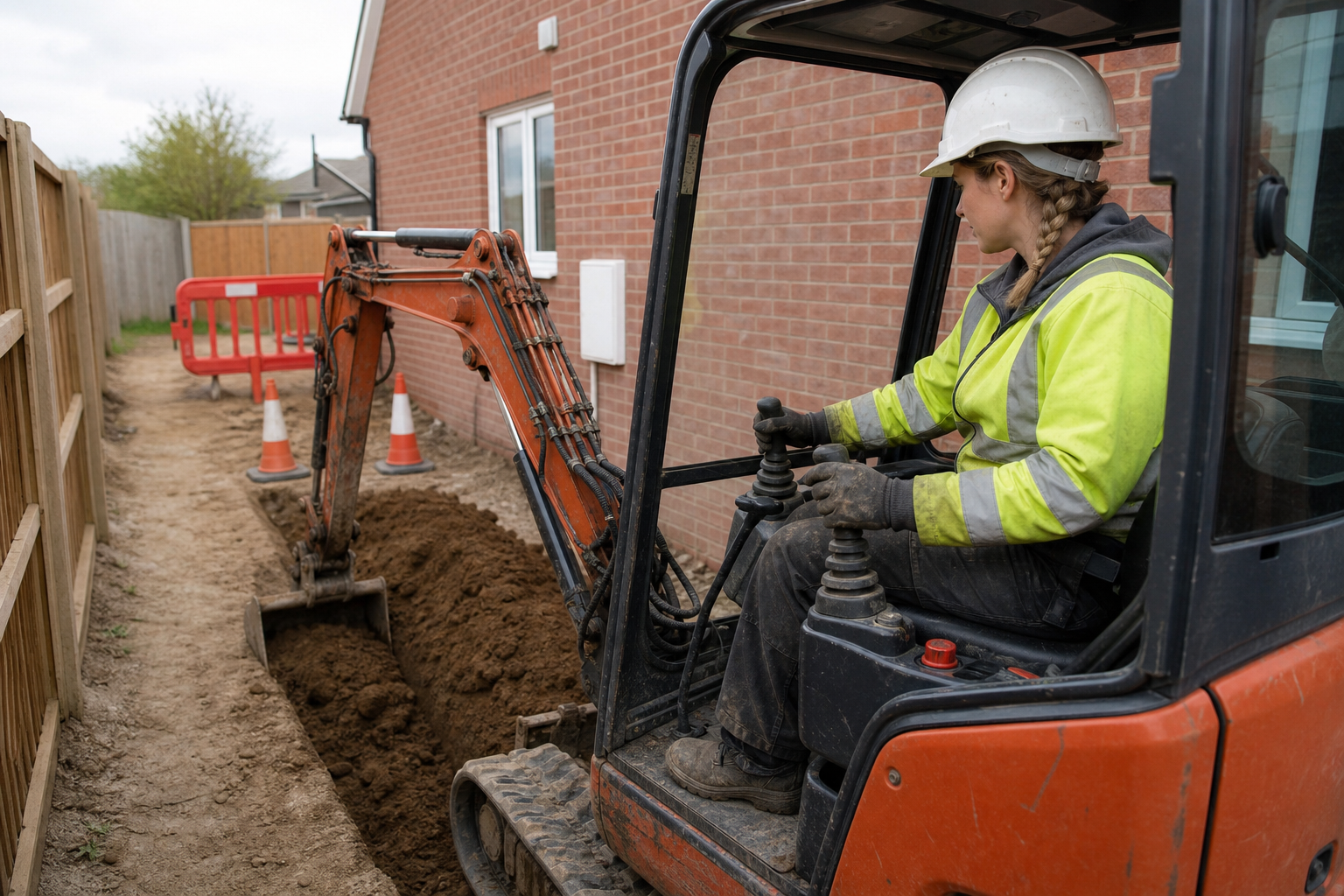 Construction worker operating a mini excavator to dig a trench beside a brick building.