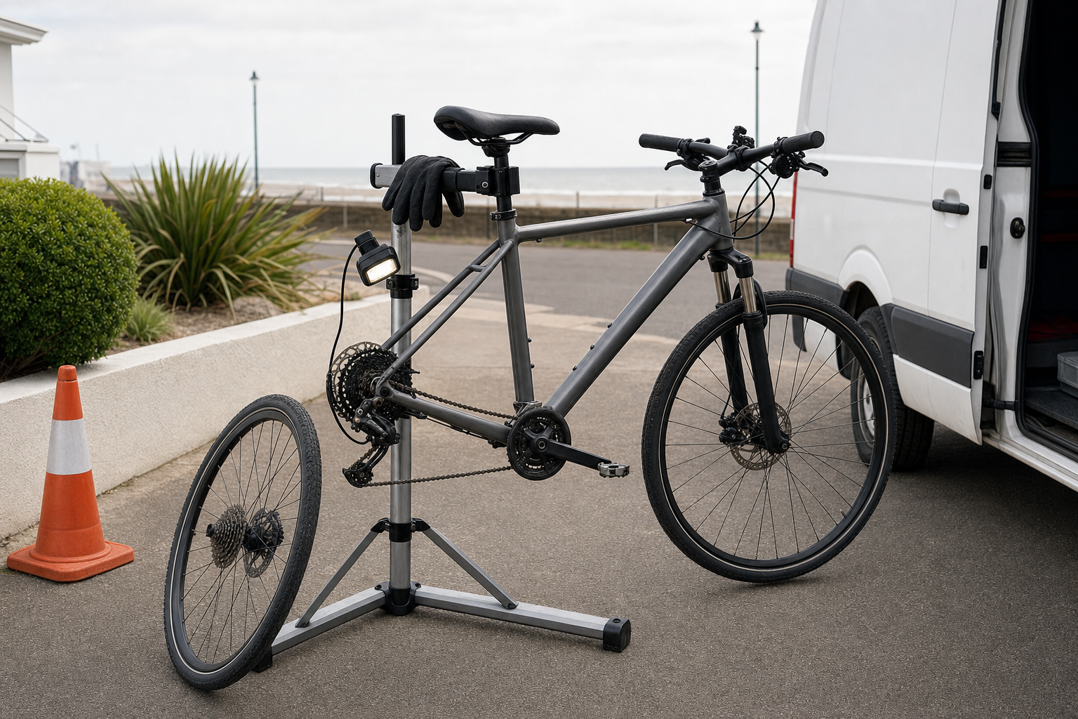 A bicycle is mounted on a repair stand next to a van, with one wheel removed, near the seafront.