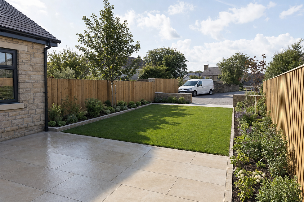 A neatly landscaped garden with a grass lawn, paved patio, and a white van parked in a driveway.