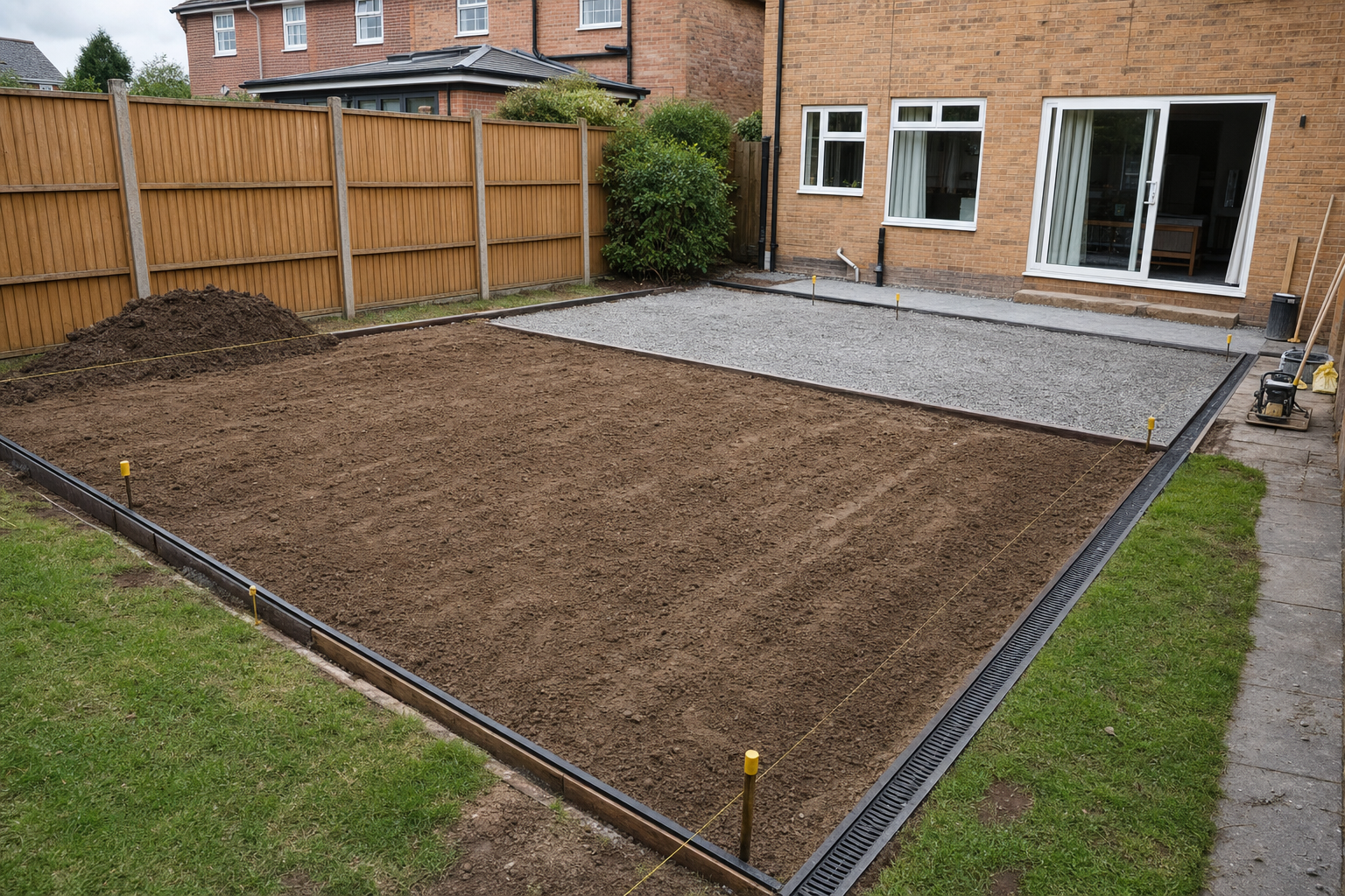 A garden area prepared with soil and gravel sections near a brick house and wooden fence.