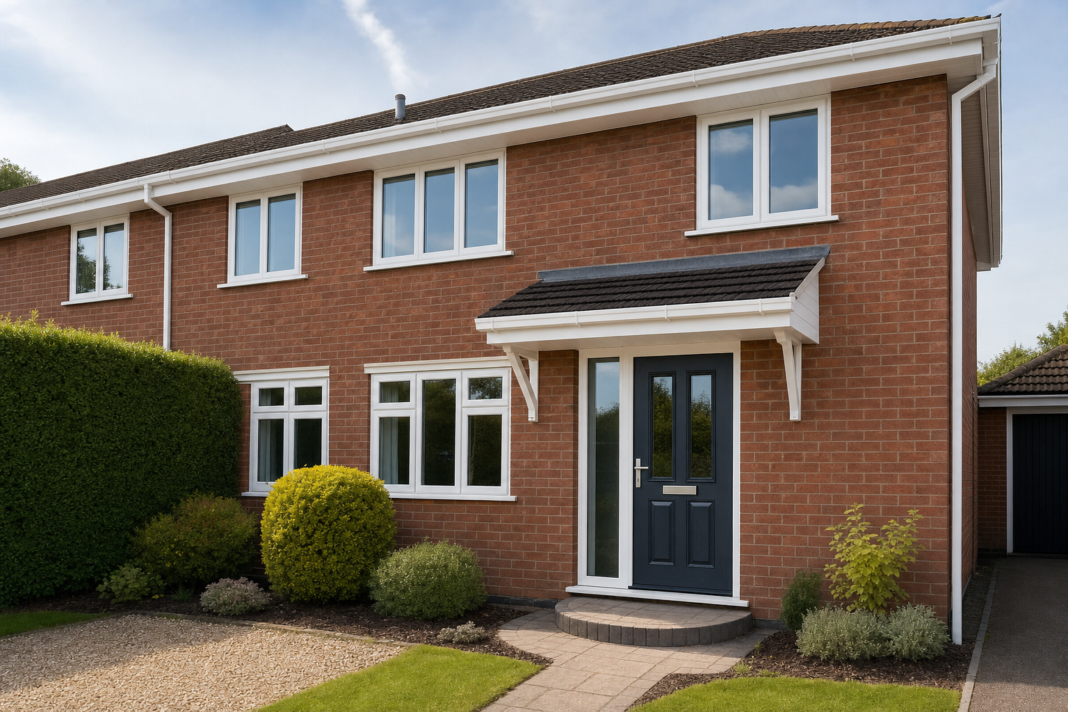 Red-brick house with white-framed windows, a dark front door, and a well-maintained front garden.