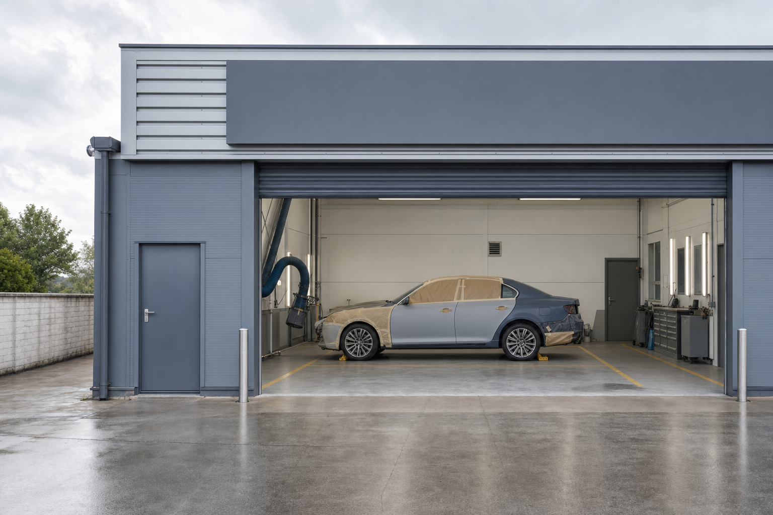 Car masked for painting inside a garage with open shutter doors on a rainy day.