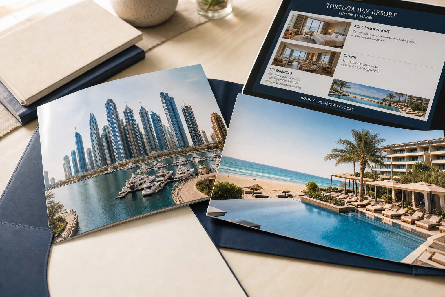 Open travel brochure showcasing a city skyline and a luxury resort by the beach.