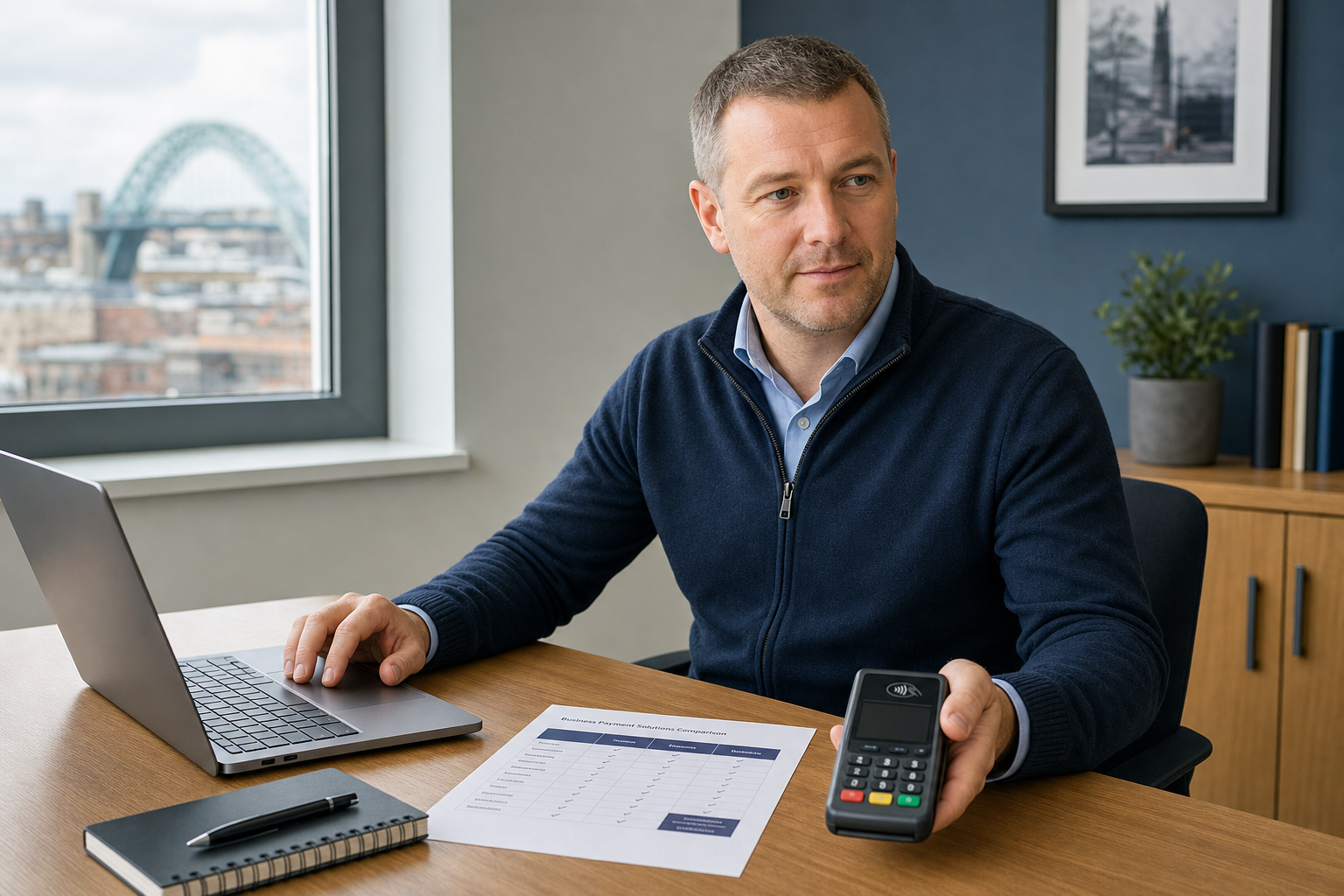 Man holding a payment terminal while working on a laptop in an office with a cityscape view.