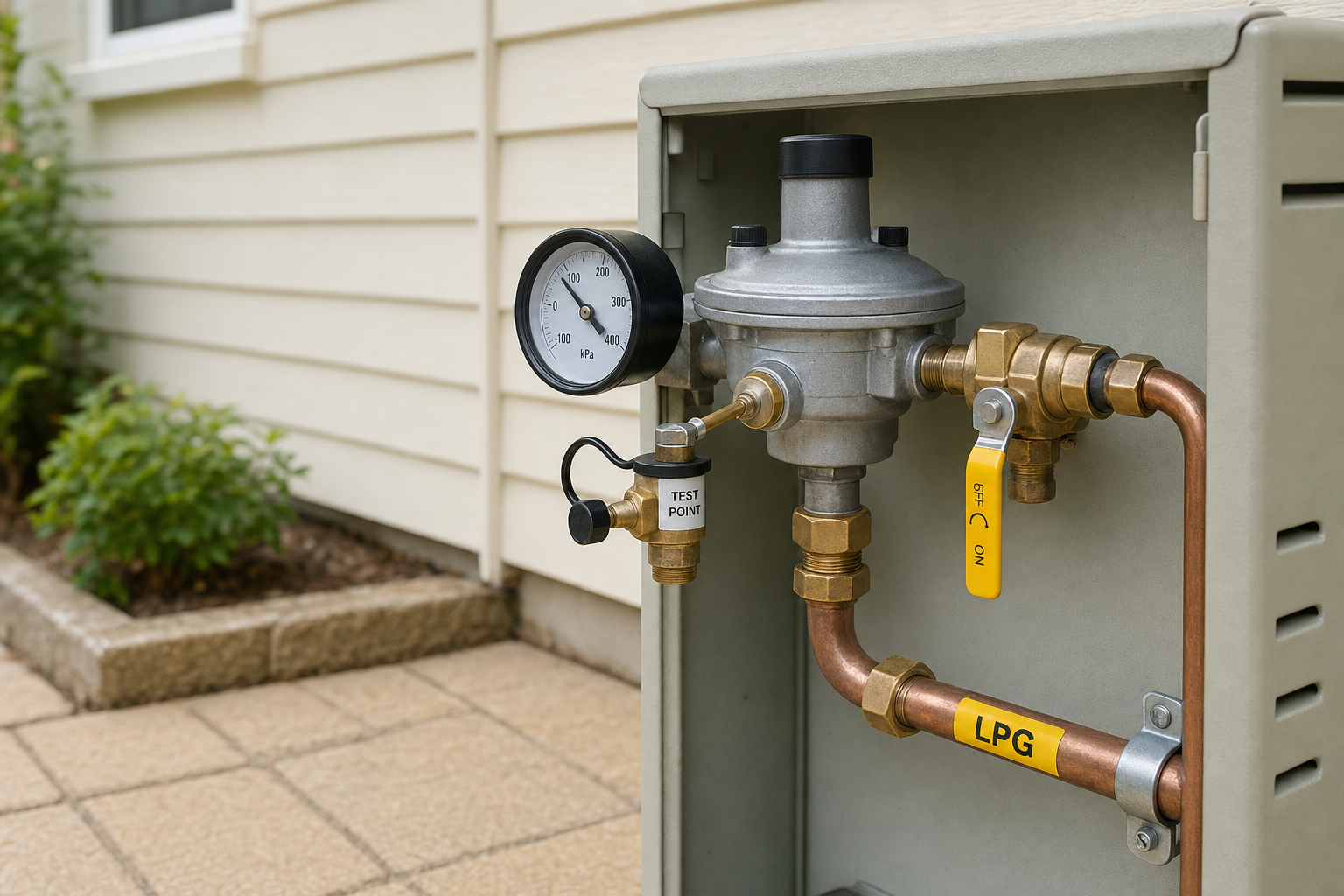 LPG gas regulator with a pressure gauge and labelled pipes attached to a house exterior.