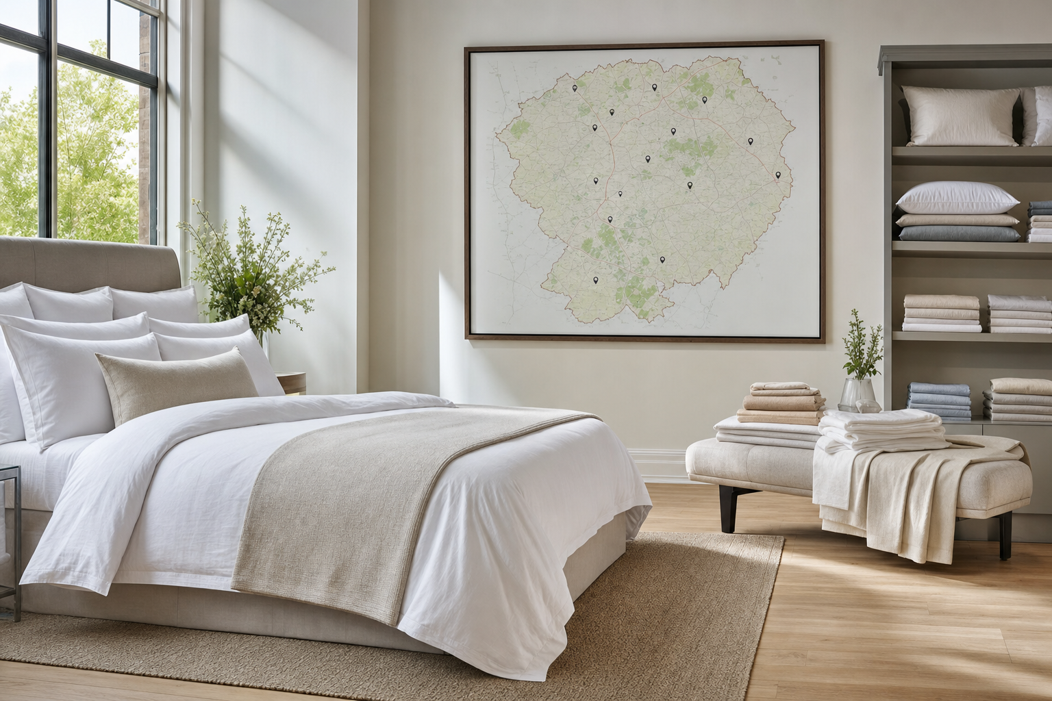 A cosy, modern bedroom with a neatly made bed, a large map, and shelves stocked with folded linens.