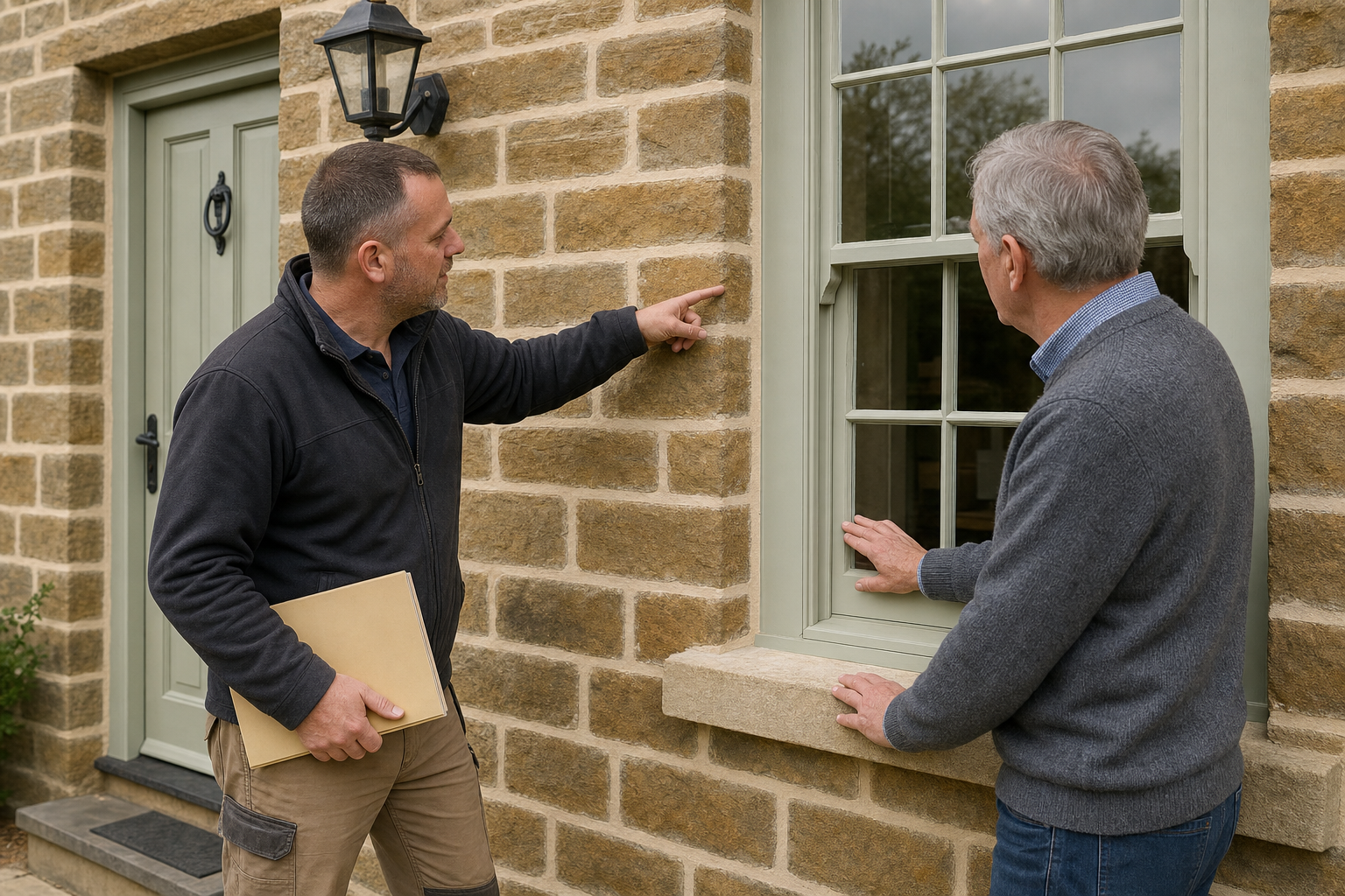 Two men discussing exterior home repairs, with one pointing at the window frame while holding a folder.