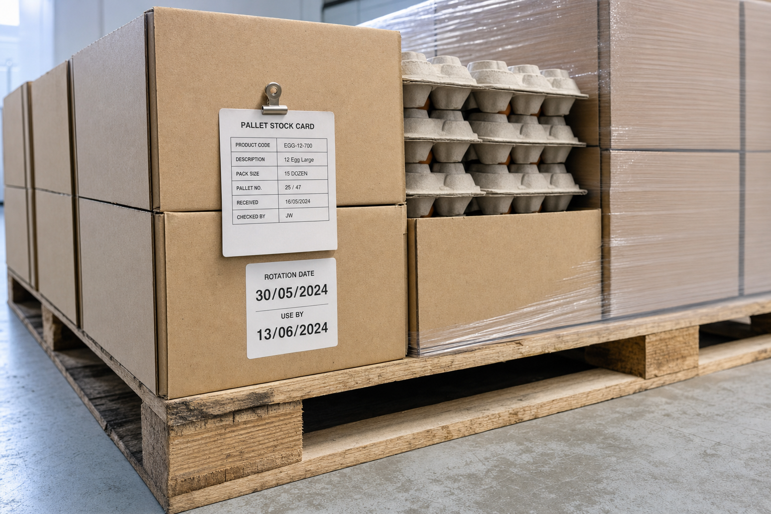 A stack of cardboard boxes containing egg cartons on a pallet with stock and rotation labels visible in a warehouse setting.