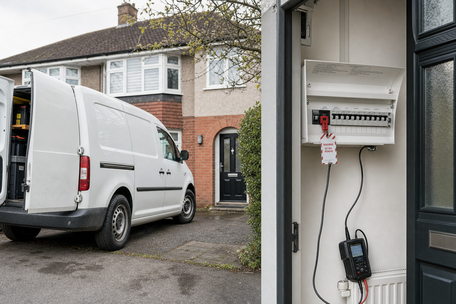 A white van is parked in front of a house, and an electrical panel with a warning tag is visible in the foreground.