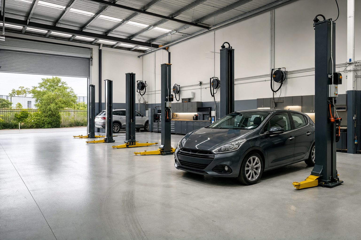 A modern car repair garage with vehicle lifts and a grey car parked inside.