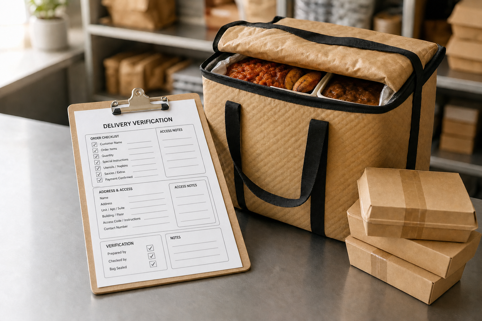 Delivery bag with food containers and a checklist on a clipboard, set on a metal countertop.
