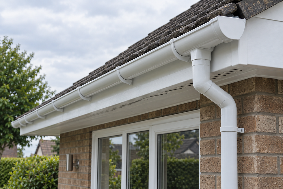 White PVC guttering and downspout on a brick house with a grey tiled roof, set against a cloudy sky.