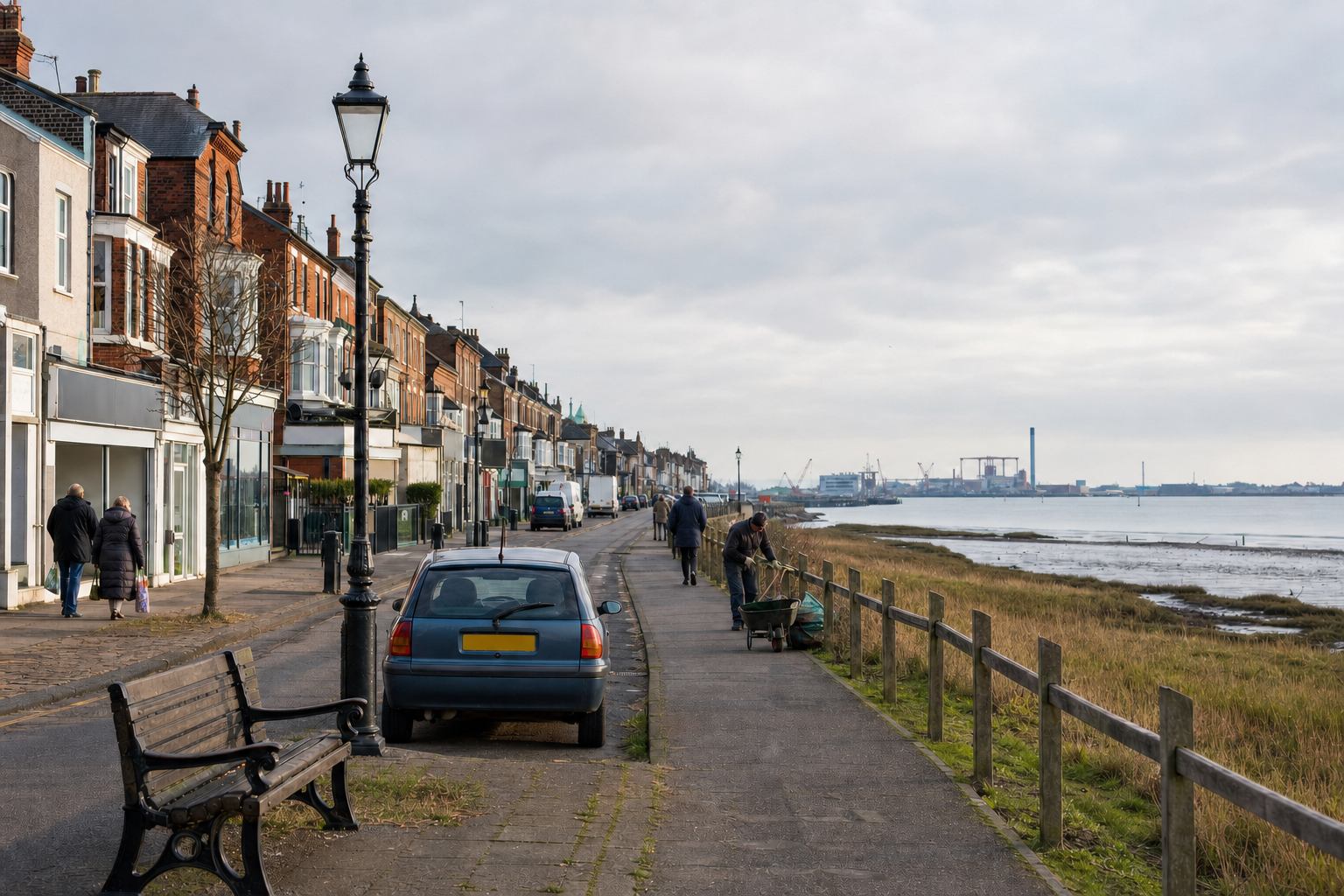 A coastal street lined with Victorian houses, featuring pedestrians and a view of an industrial area across the water.