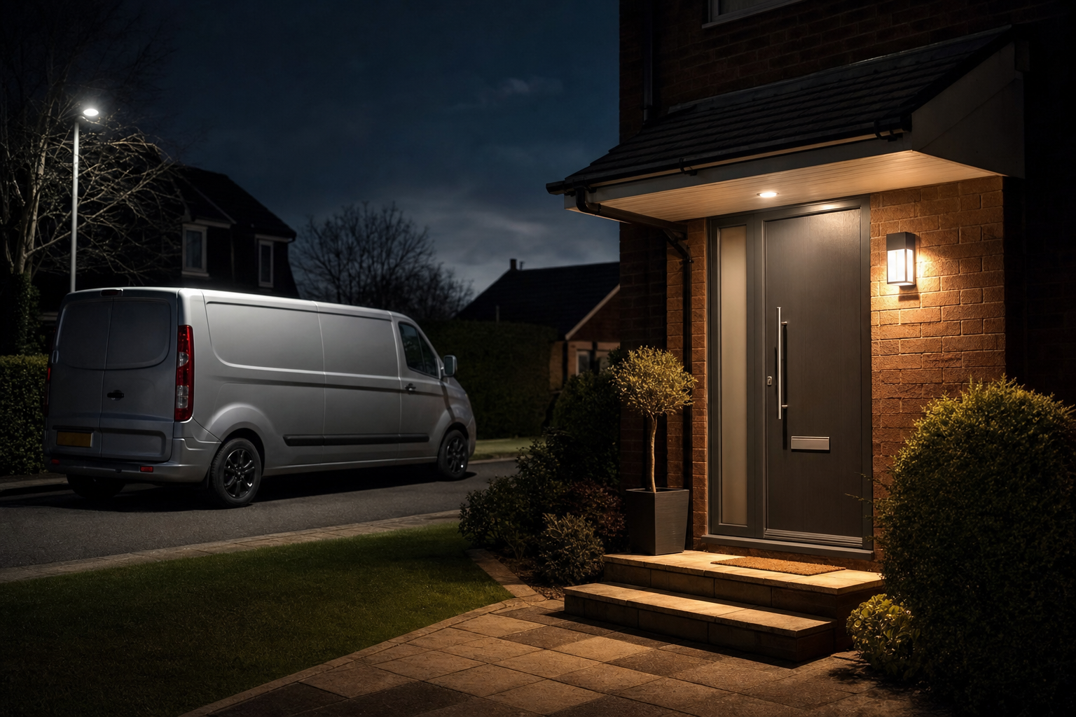 A silver van is parked under a streetlamp outside a house at night, with warm light illuminating the doorway.