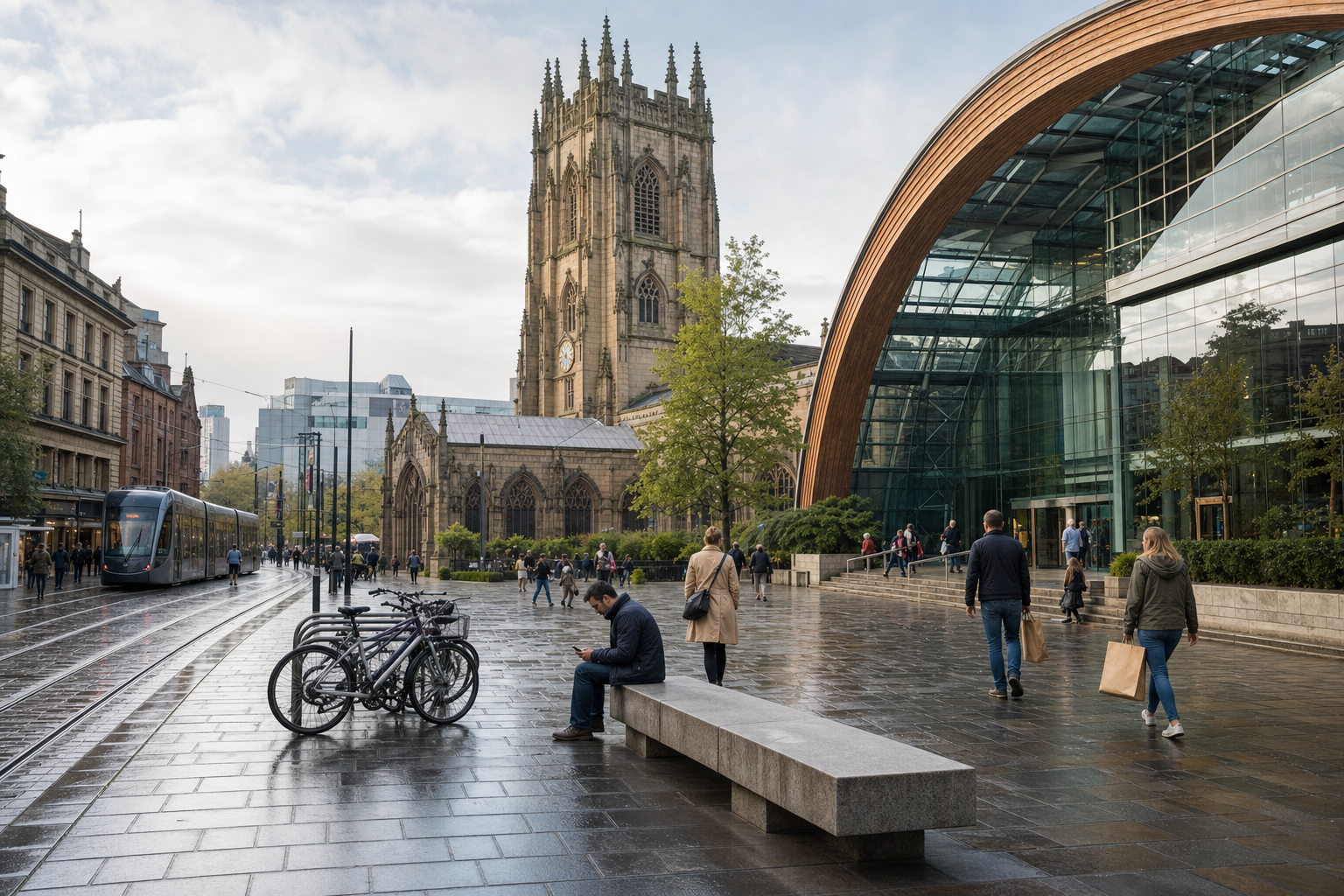 A modern glass building and a historic cathedral tower over a busy pedestrian street in an urban setting.