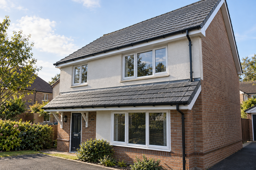 A modern two-storey brick house with a grey tiled roof, surrounded by a green garden under a blue sky.