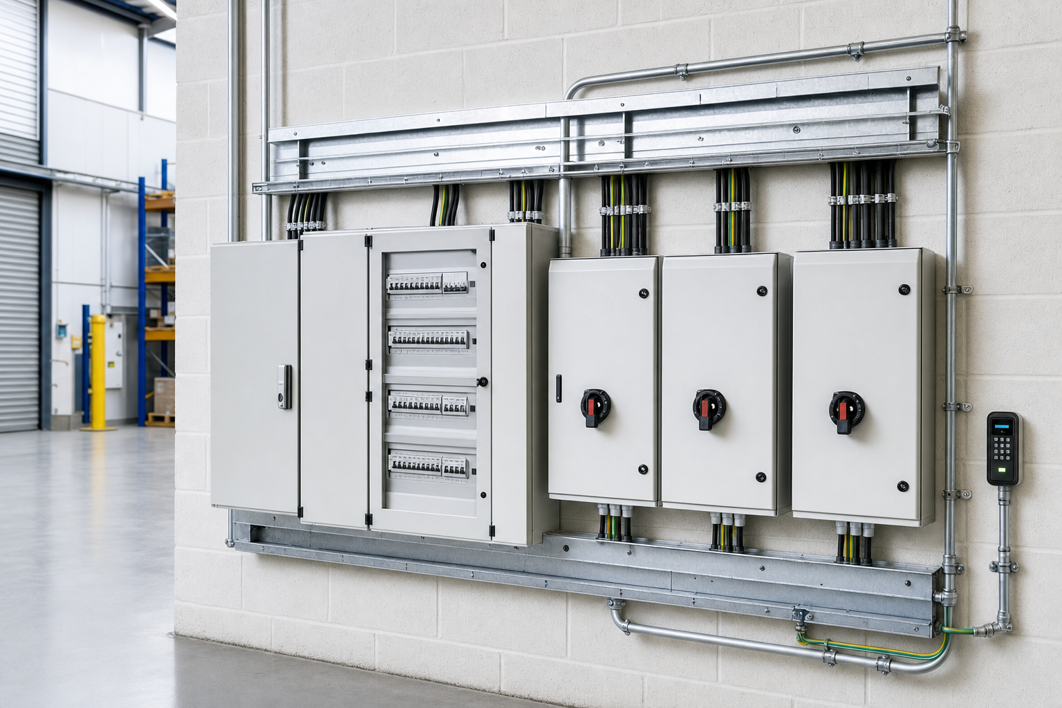 Industrial electrical control panels mounted on a warehouse wall with visible wiring and a keypad.