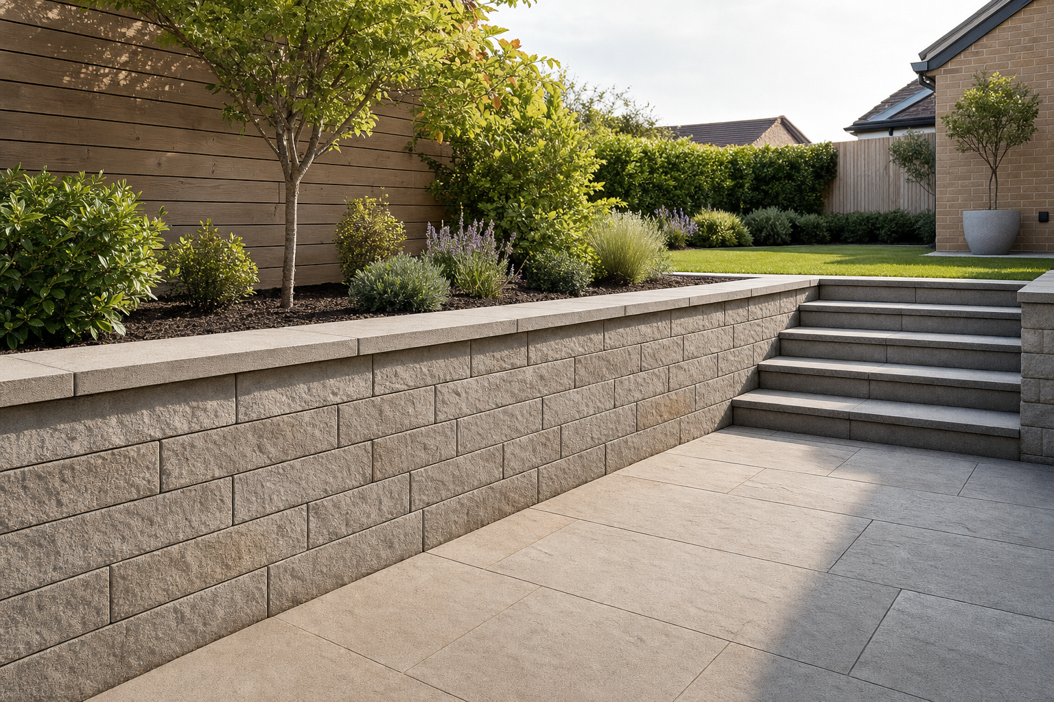 Modern garden with stone steps, a retaining wall, and neatly arranged plants under a clear sky.