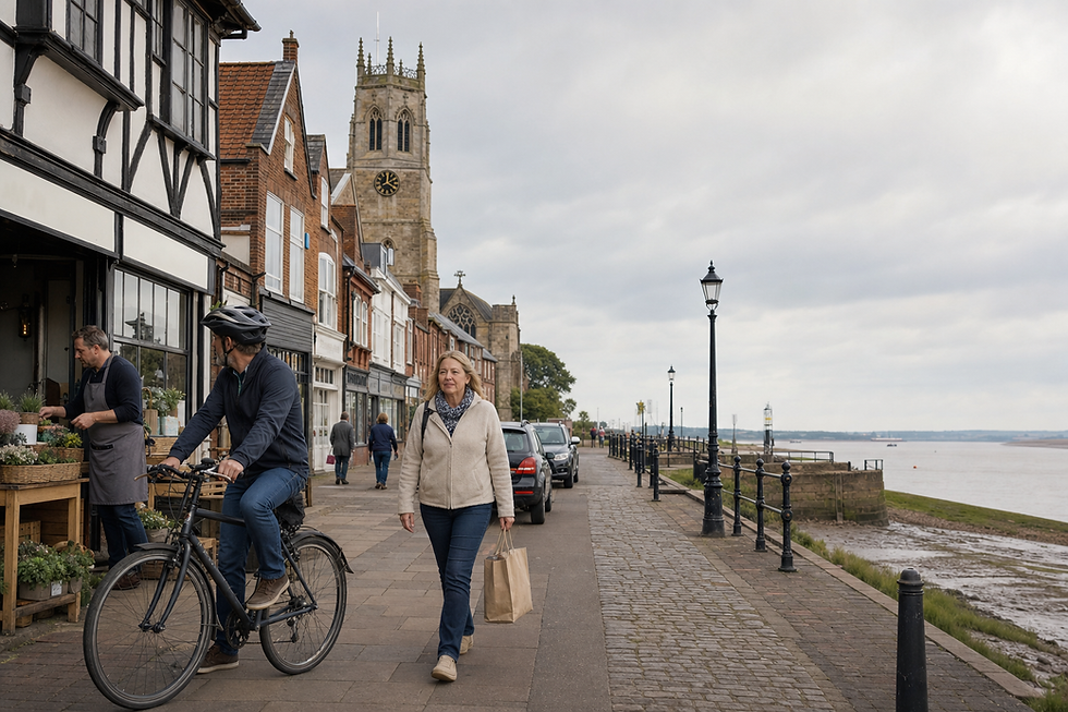 A woman walks along a cobbled street by the river, passing a cyclist and a historic church.