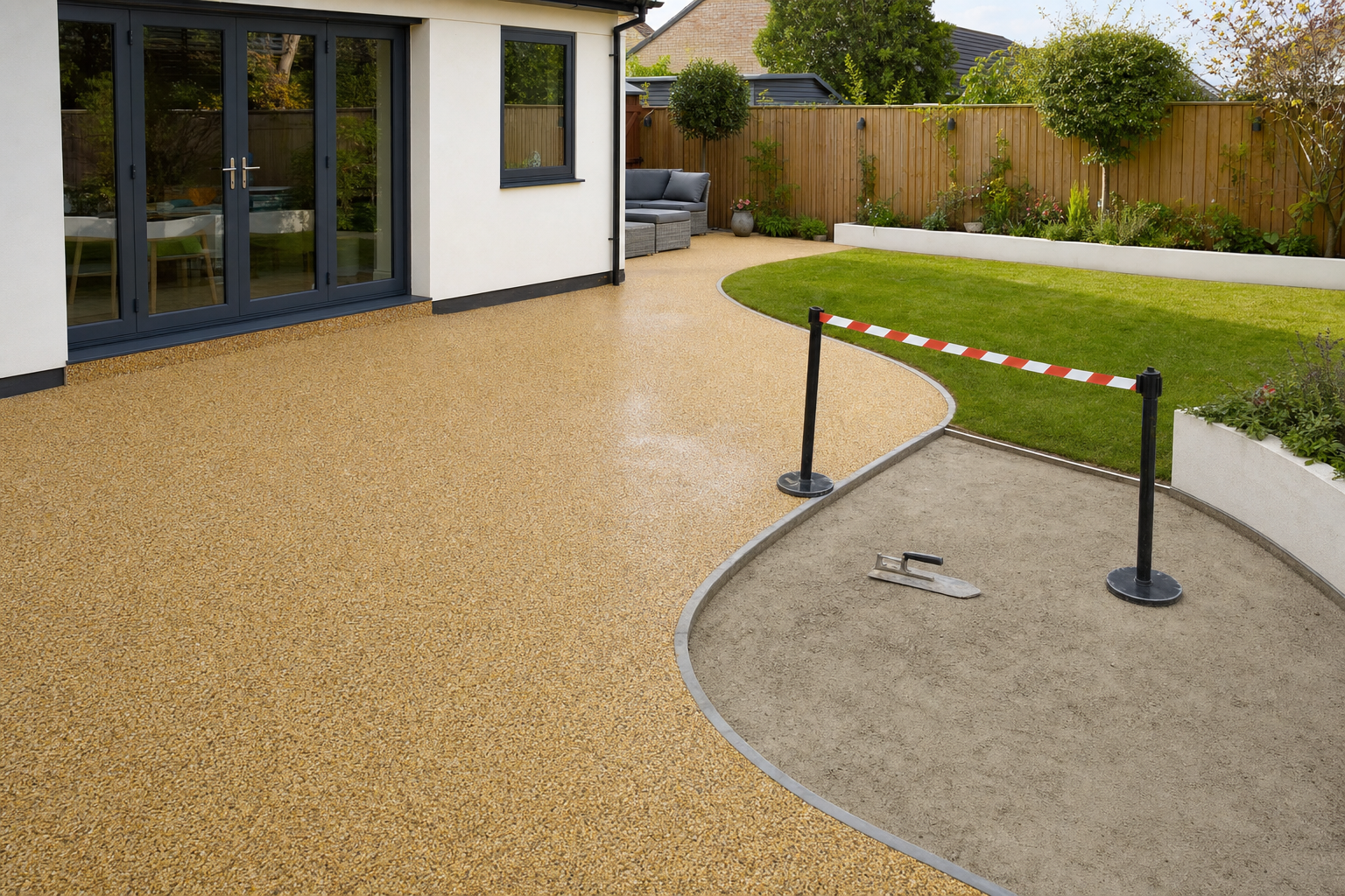 A curved patio under construction with a resin surface, next to a grassy garden and seating area, separated by a barrier.