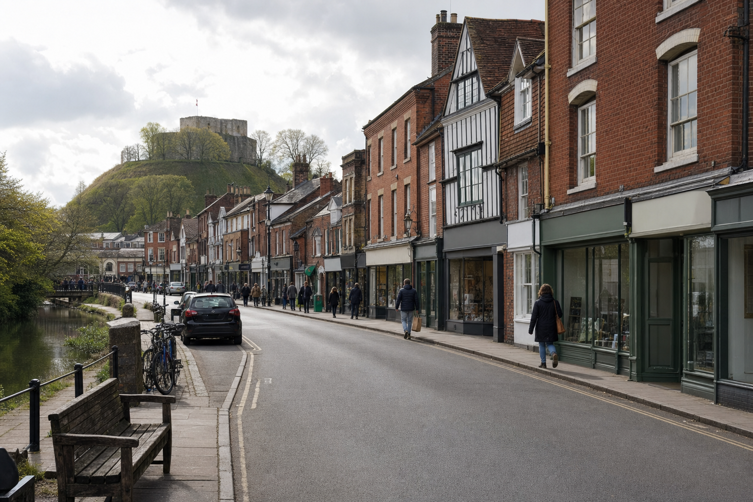 A historic street lined with brick buildings leads to a hilltop castle under a cloudy sky, with pedestrians and parked cars.