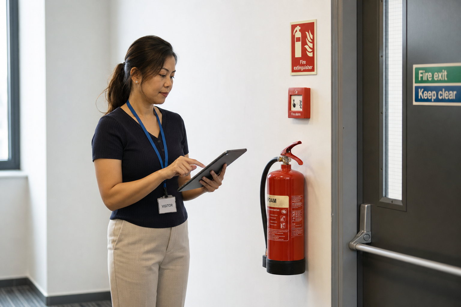 A woman with a visitor badge uses a tablet near a fire extinguisher and exit sign in a corridor.