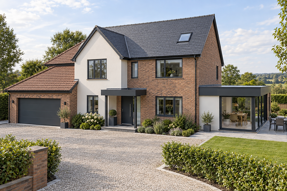 Modern two-storey house with a brick facade, large windows, and a gravel driveway, surrounded by lush greenery.